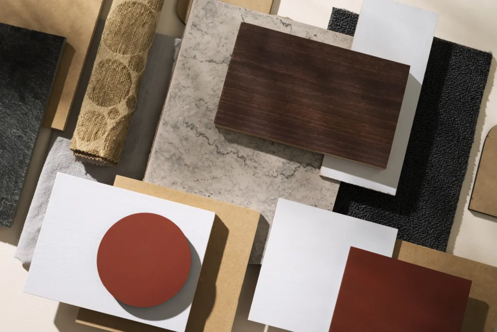 Variedade de amostras de madeira para móveis planejados com texturas distintas, acompanhadas por tecidos e superfícies de mármore para design de interiores.